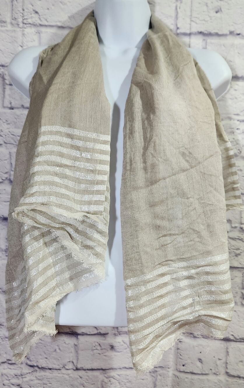 Gray Beige White Silver Metallic Thread Stripes Scarf Frayed Edges
